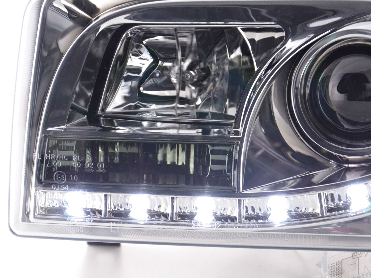 Scheinwerfer Set Daylight LED TFL-Optik VW Bus Typ T4 90-03 chrom Scheinwerfer Set Daylight LED TFL-Optik VW Bus Typ T4 90-03 chrom